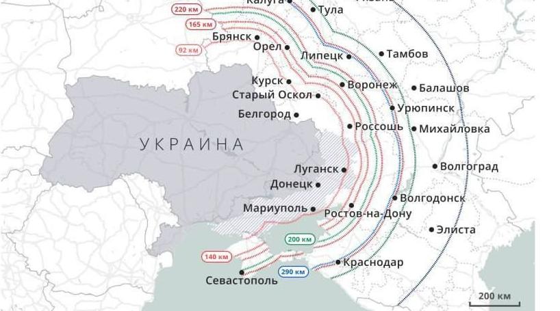 Фото: зона поражения дальнобойных боеприпасов ВСУ, инфографика RTVI