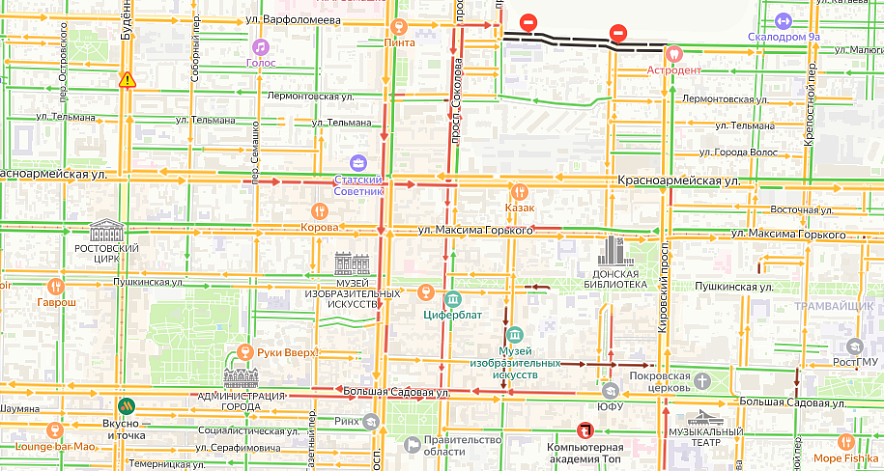 Фото: пробки в Ростове // скриншот с сервиса "Яндекс. Карты"